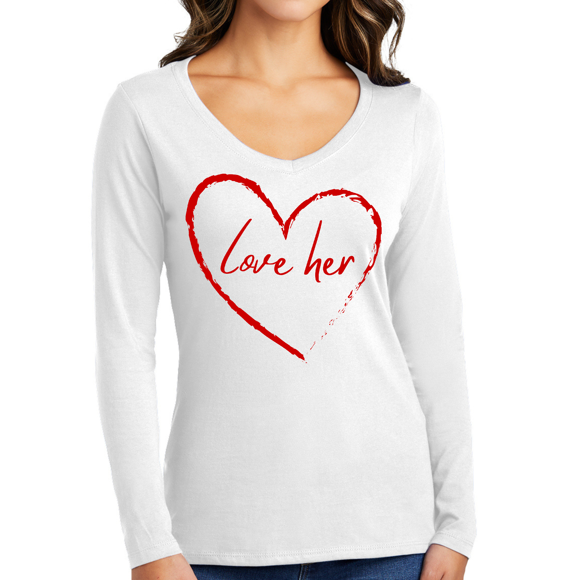 Womens Long Sleeve V-neck Graphic T-shirt in red featuring 'Say it Soul Love Her' design, made from soft preshrunk cotton.