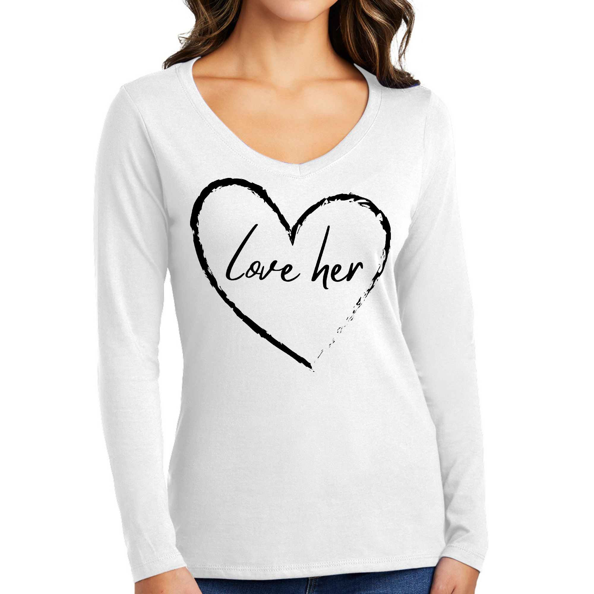 Womens Long Sleeve V-neck Graphic T-shirt featuring 'Say it Soul Love Her' design, made from soft preshrunk cotton.