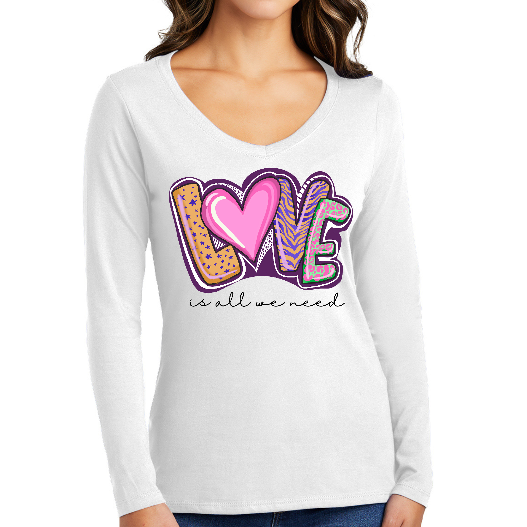 Women's long sleeve V-neck graphic T-shirt featuring the phrase 'Love is All' in a stylish design, made from soft preshrunk cotton.