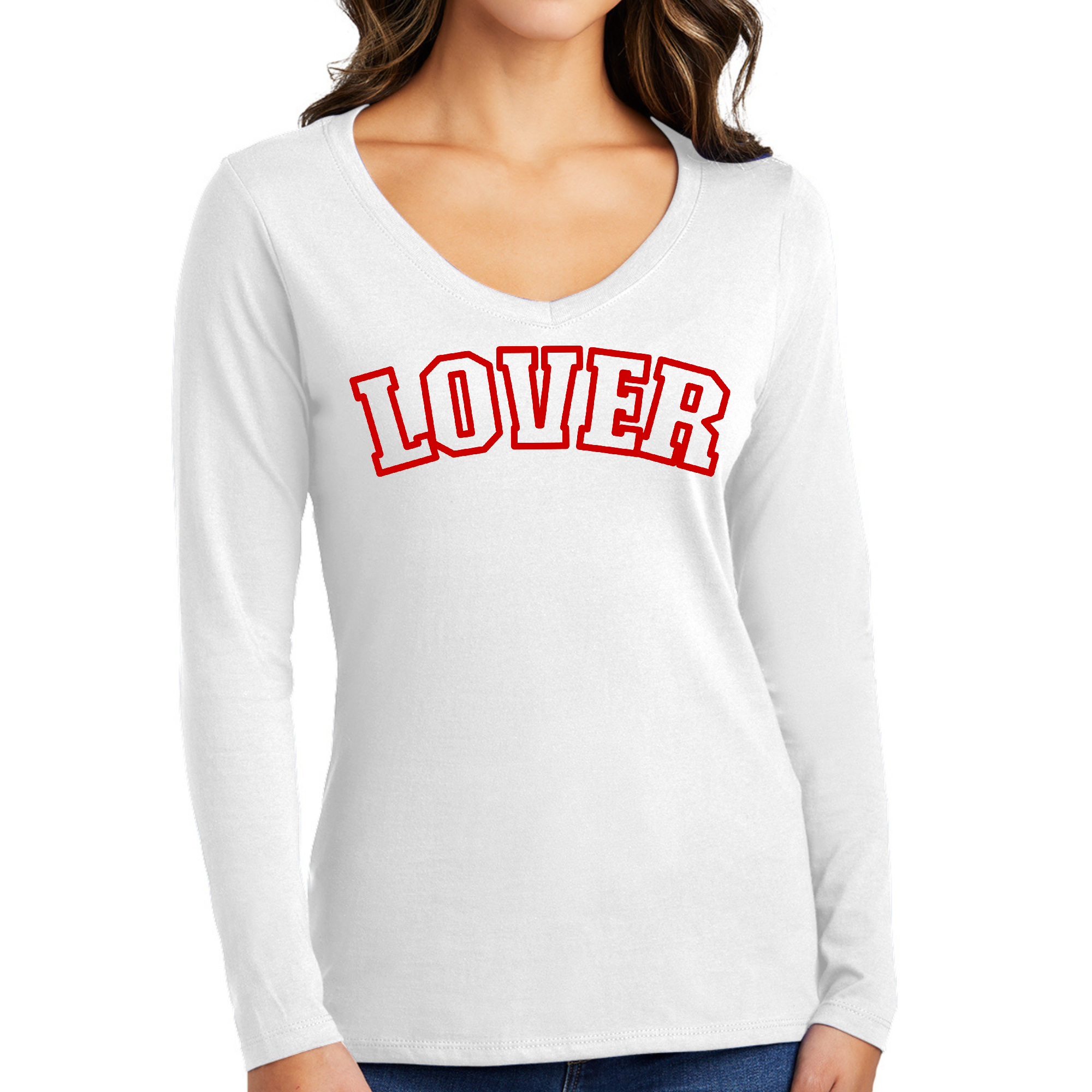 Women's Long Sleeve V-neck Graphic T-shirt in red with 'Say it Soul Lover' print, showcasing a comfortable fit and stylish design.