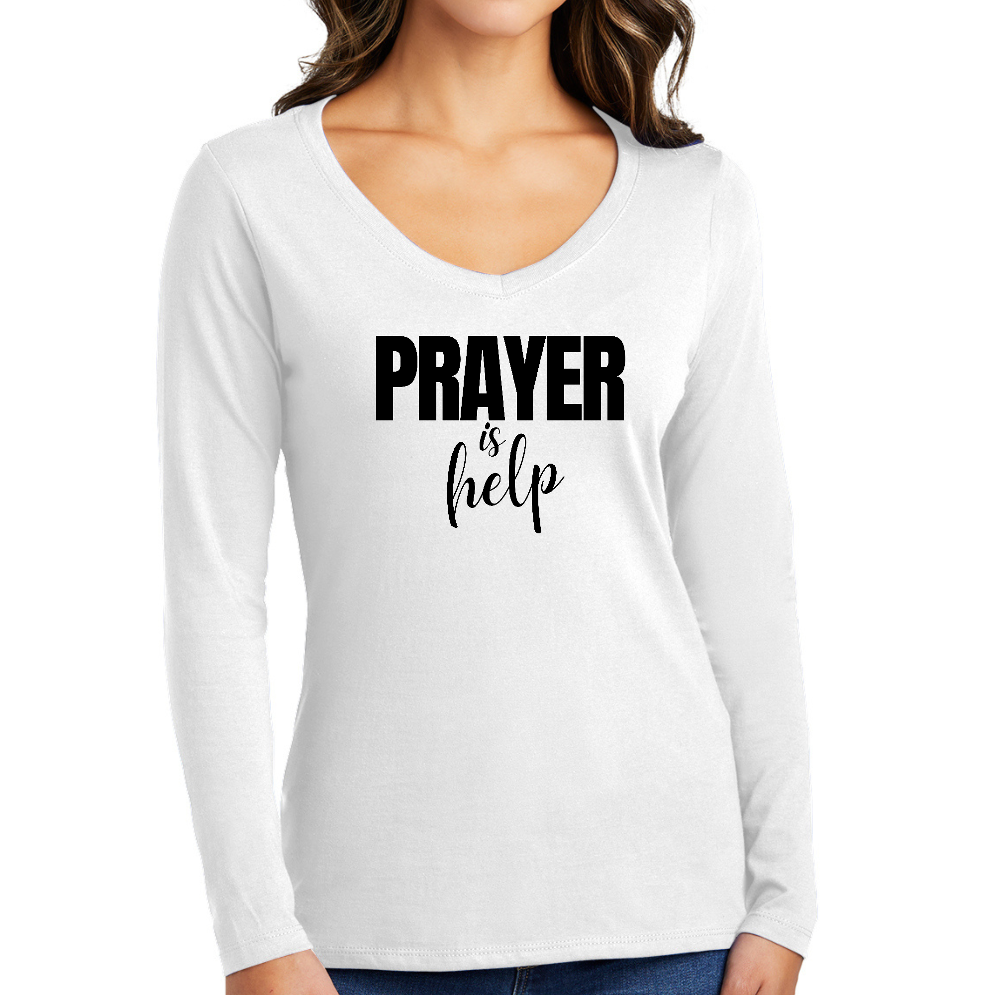 Womens Long Sleeve V-neck Graphic T-shirt featuring the phrase 'Prayer Is Help' in a stylish design, made from soft cotton.