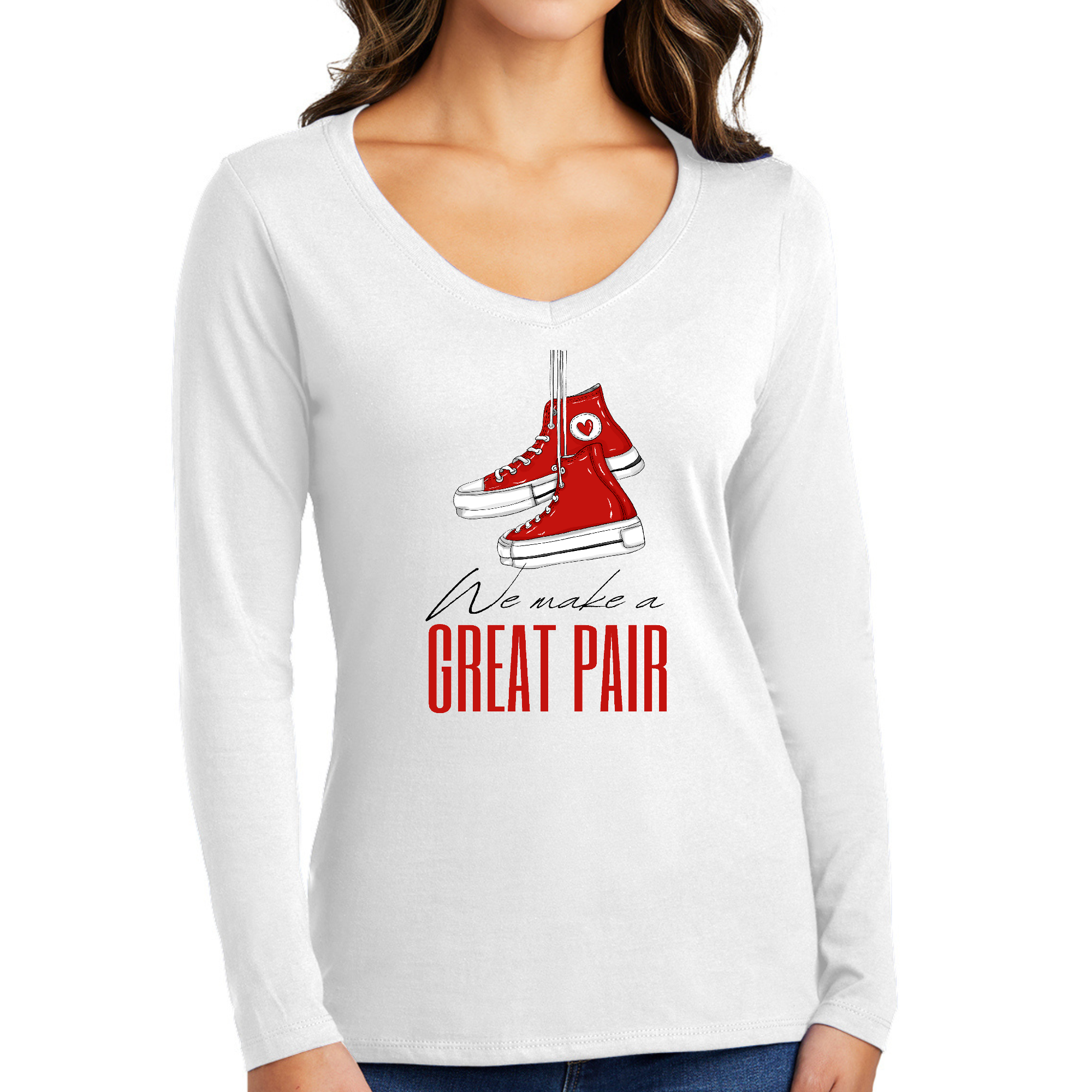 A vibrant red Women's Long Sleeve V-neck Graphic T-shirt featuring the phrase 'Say It Soul We Make A Great Pair', showcasing its stylish design and comfortable fit.