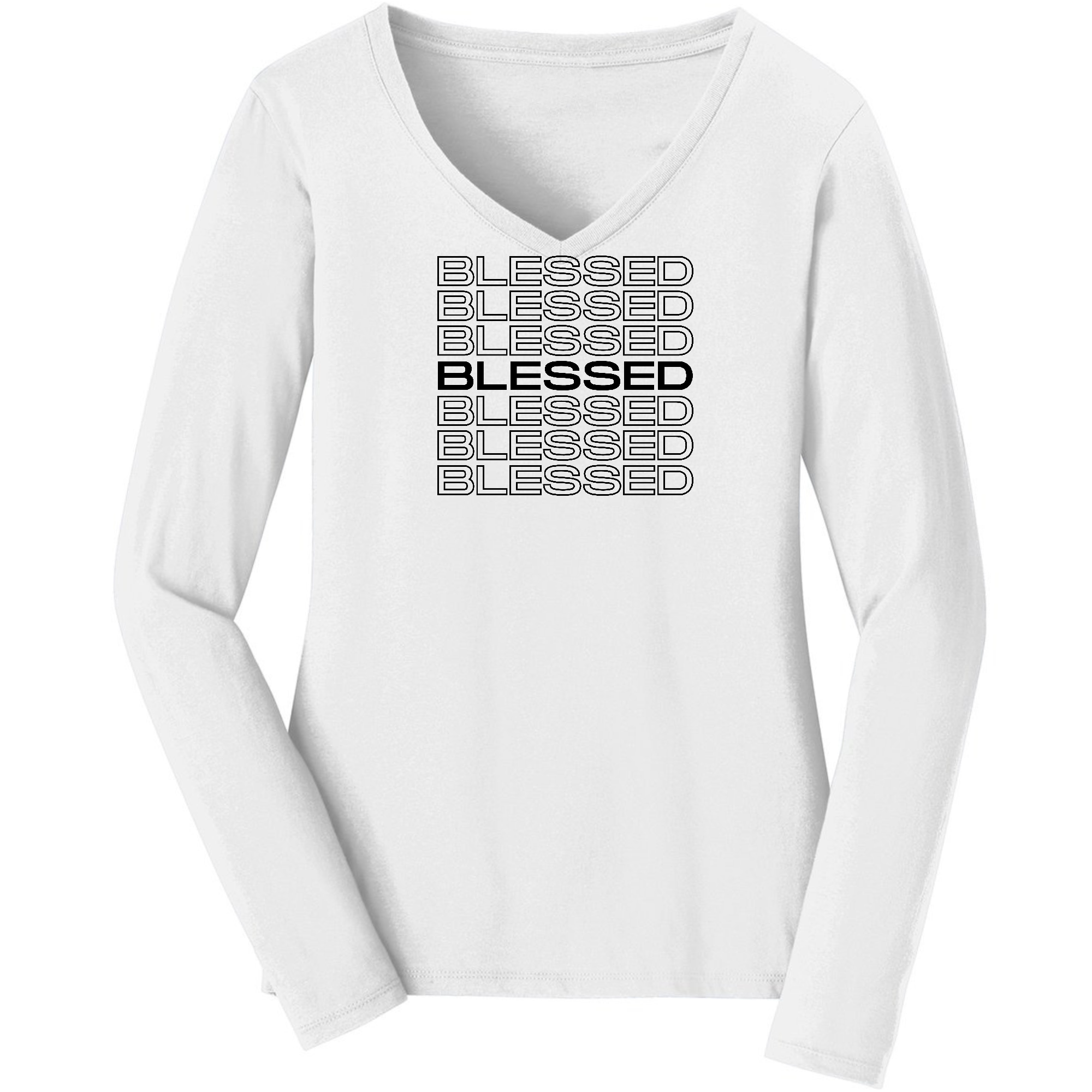 Womens Long Sleeve V-neck Graphic T-shirt in black with Stacked Blessed print, showcasing a comfortable and stylish design.