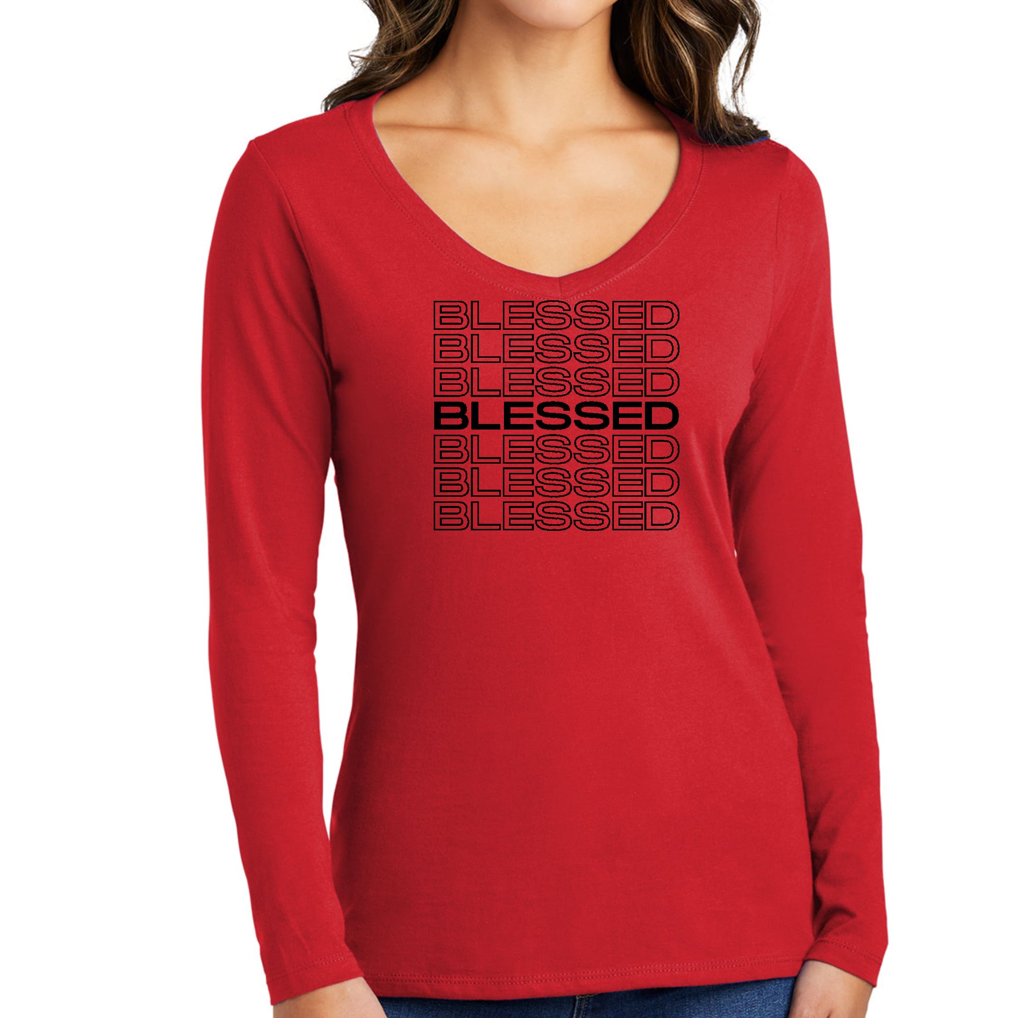 Womens Long Sleeve V-neck Graphic T-shirt in black with Stacked Blessed print, showcasing a comfortable and stylish design.