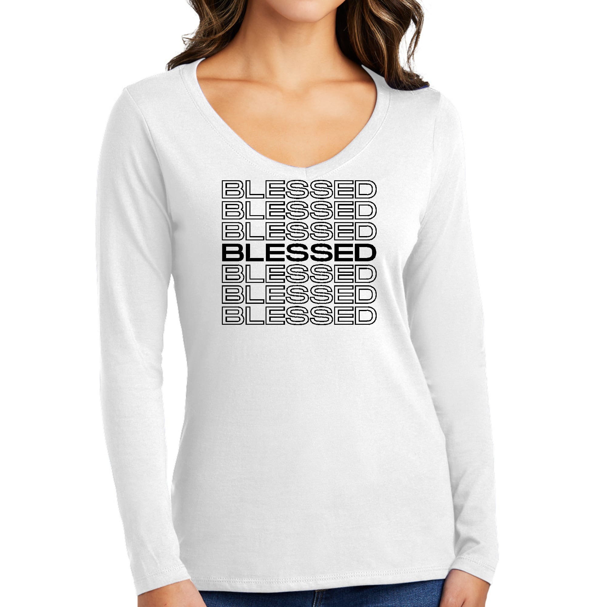 Womens Long Sleeve V-neck Graphic T-shirt in black with Stacked Blessed print, showcasing a comfortable and stylish design.