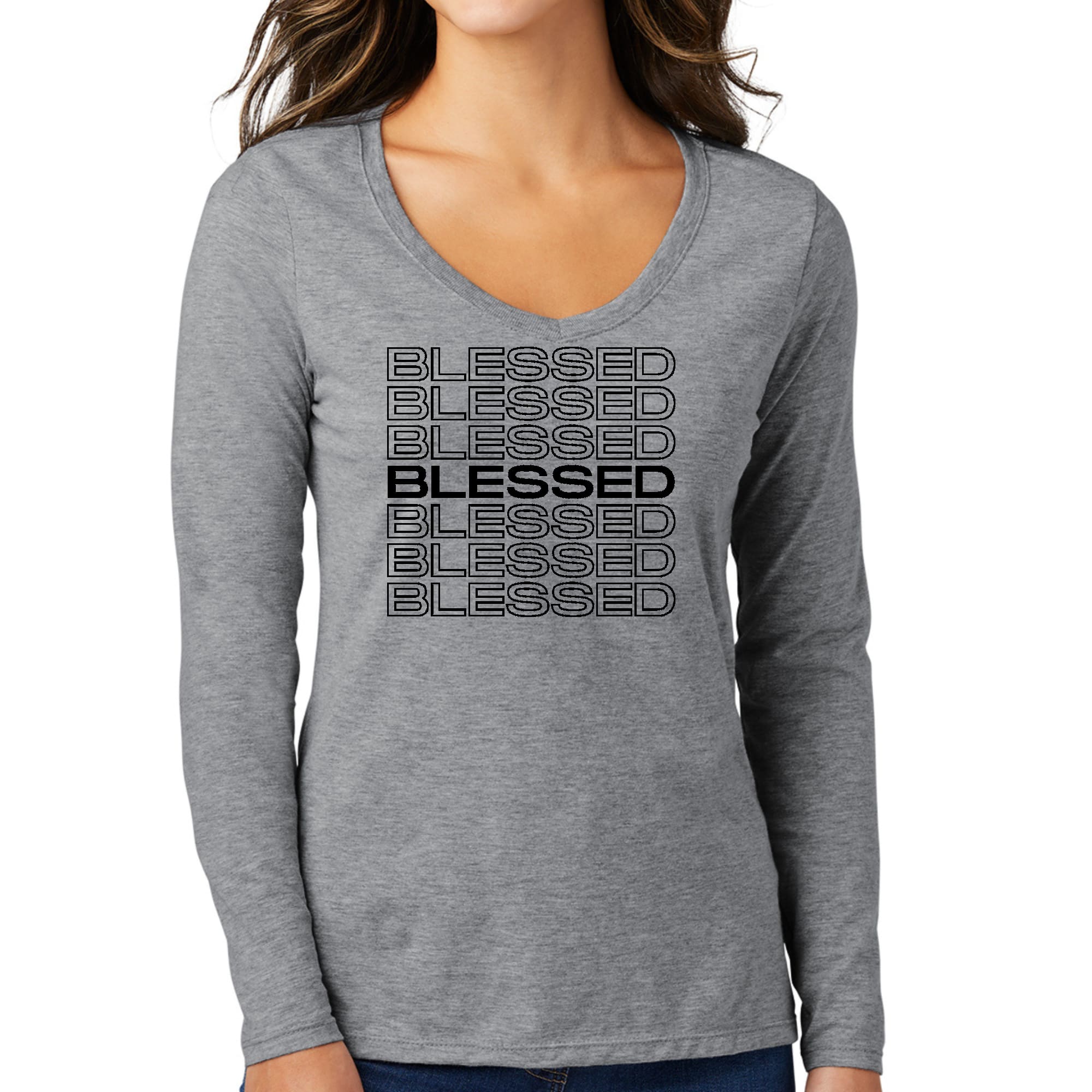 Womens Long Sleeve V-neck Graphic T-shirt in black with Stacked Blessed print, showcasing a comfortable and stylish design.