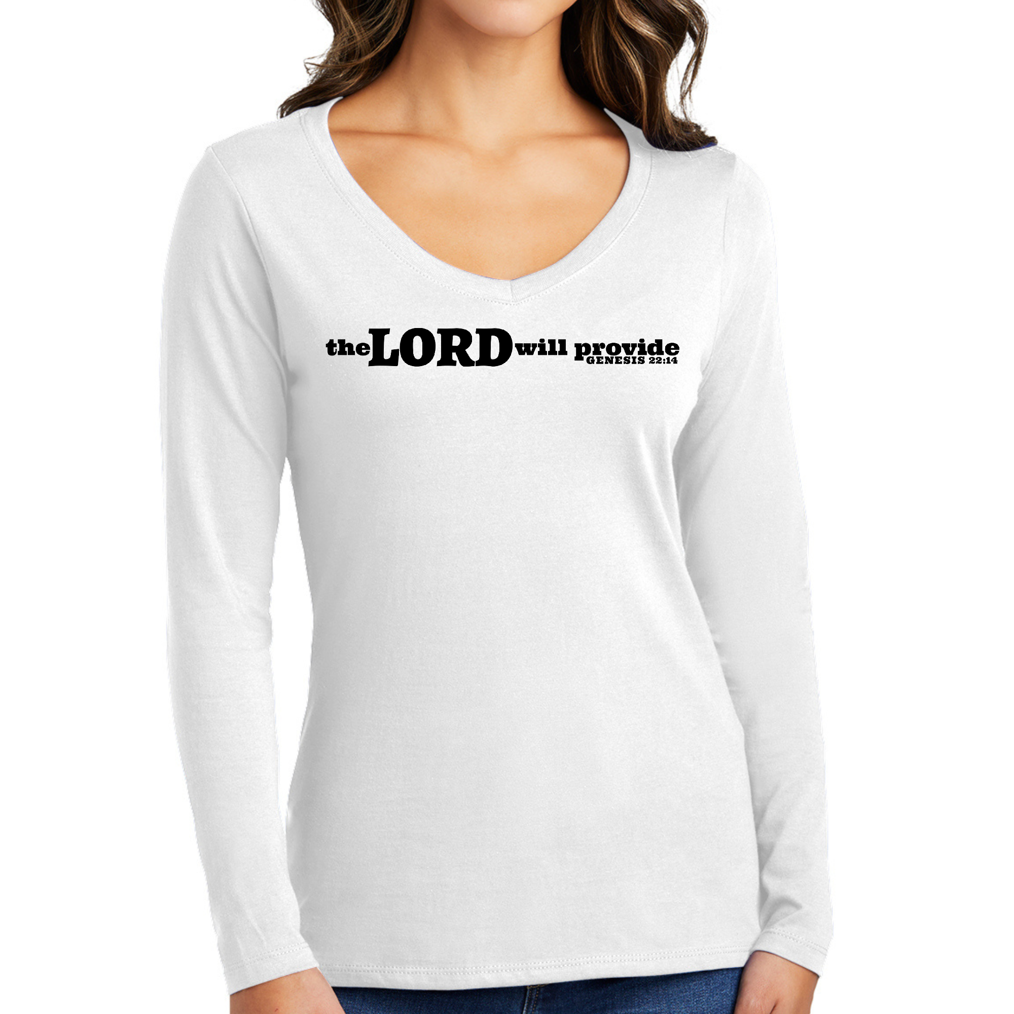 Women's Long Sleeve V-neck Graphic T-shirt featuring 'The Lord Will Provide' print in black, made from soft preshrunk cotton.