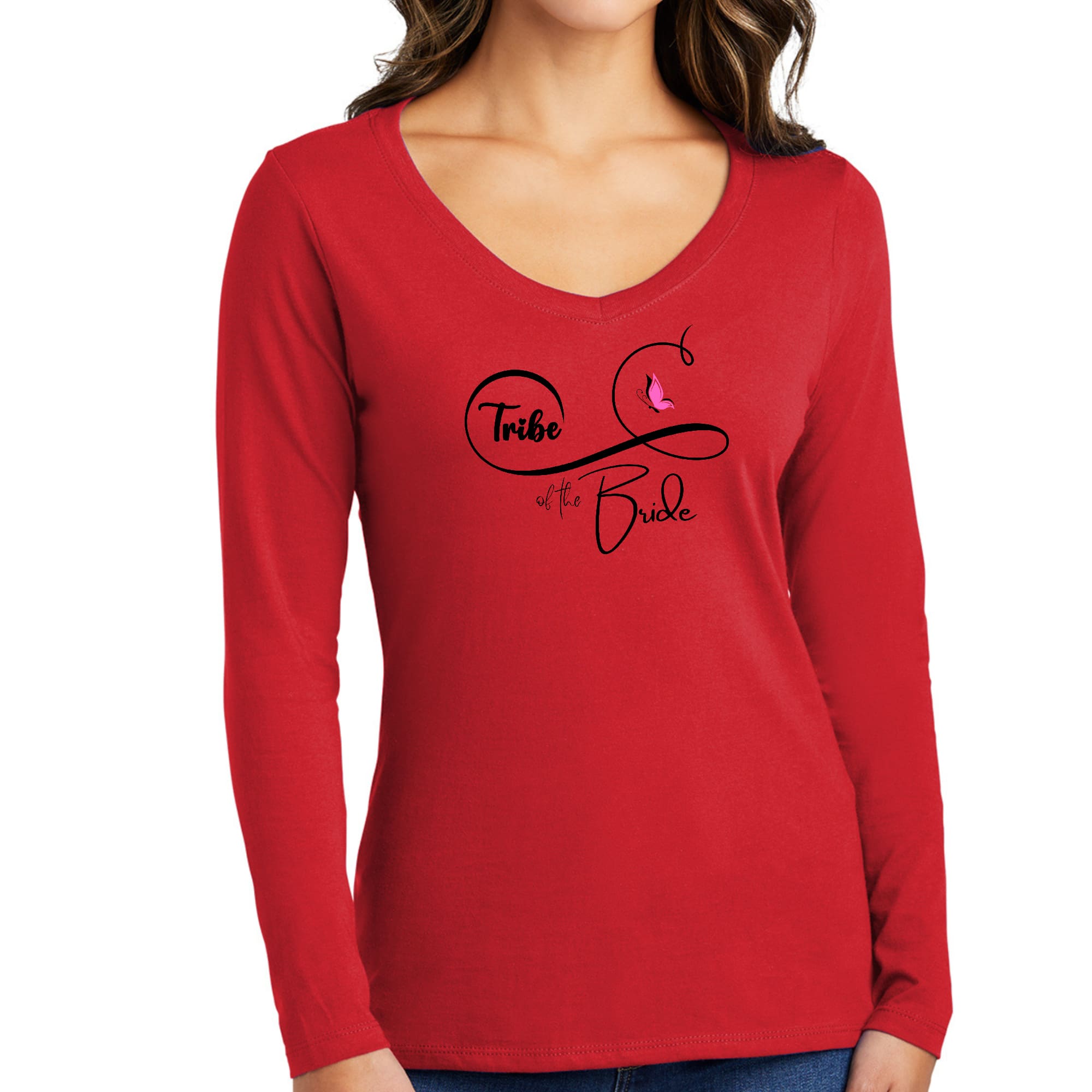 Women's Long Sleeve V-neck Graphic T-shirt featuring a butterfly illustration for brides, showcasing comfort and style.