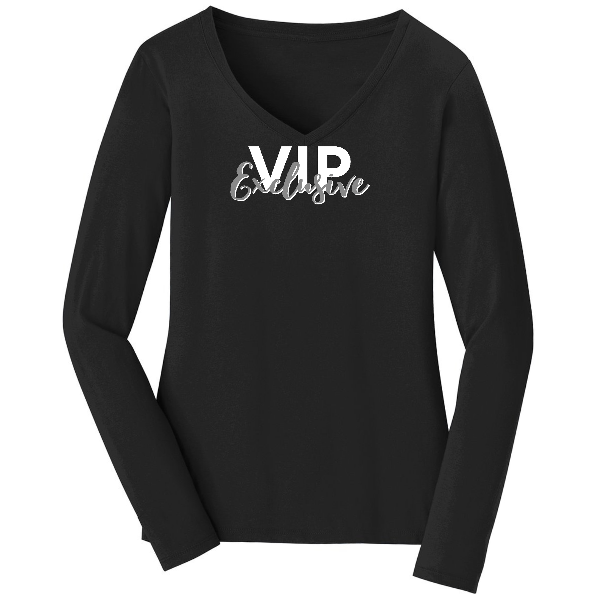 Women's Long Sleeve V-neck Graphic T-shirt in VIP Exclusive Grey featuring a trendy graphic design and soft cotton fabric.