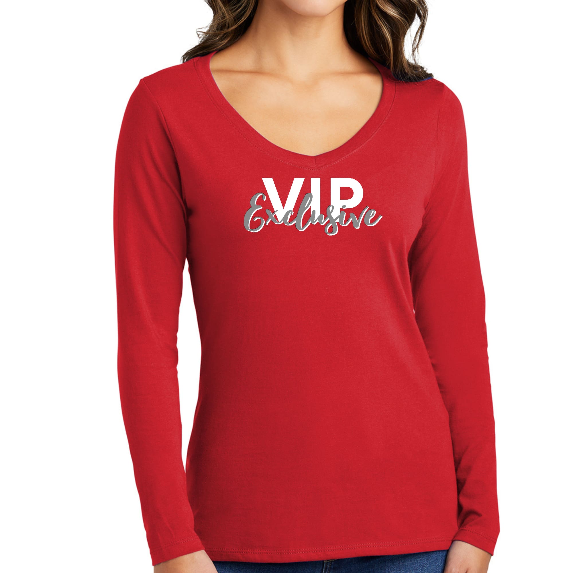 Women's Long Sleeve V-neck Graphic T-shirt in VIP Exclusive Grey featuring a trendy graphic design and soft cotton fabric.