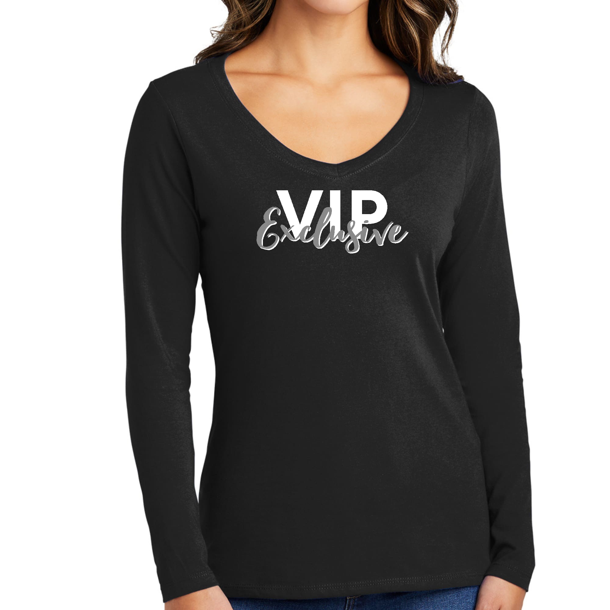 Women's Long Sleeve V-neck Graphic T-shirt in VIP Exclusive Grey featuring a trendy graphic design and soft cotton fabric.