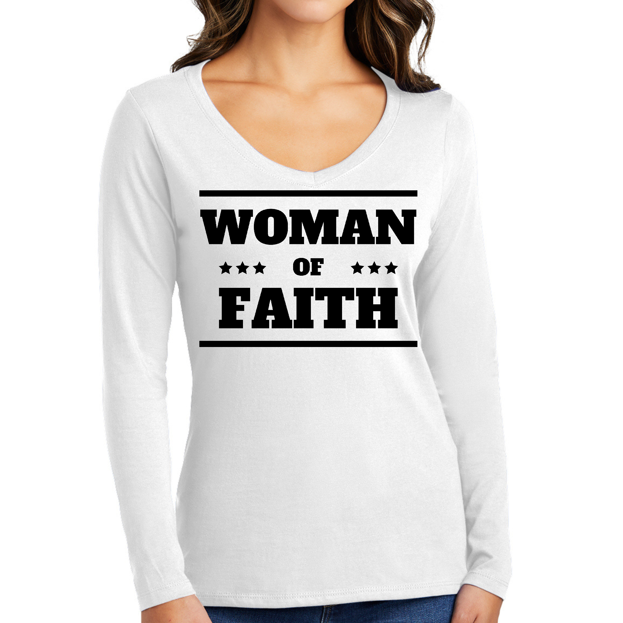 Women's Long Sleeve V-neck Graphic T-shirt in black featuring 'Woman of Faith' inspirational design, made from soft preshrunk cotton.