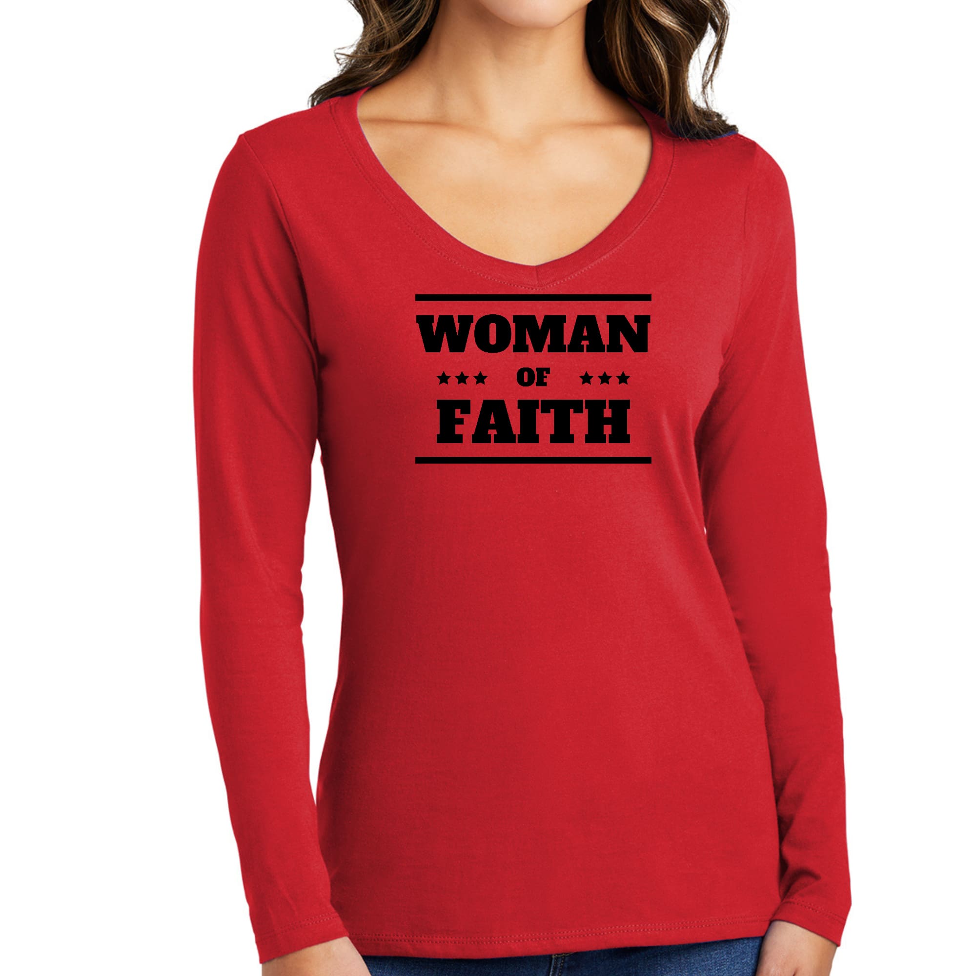 Women's Long Sleeve V-neck Graphic T-shirt in black featuring 'Woman of Faith' inspirational design, made from soft preshrunk cotton.