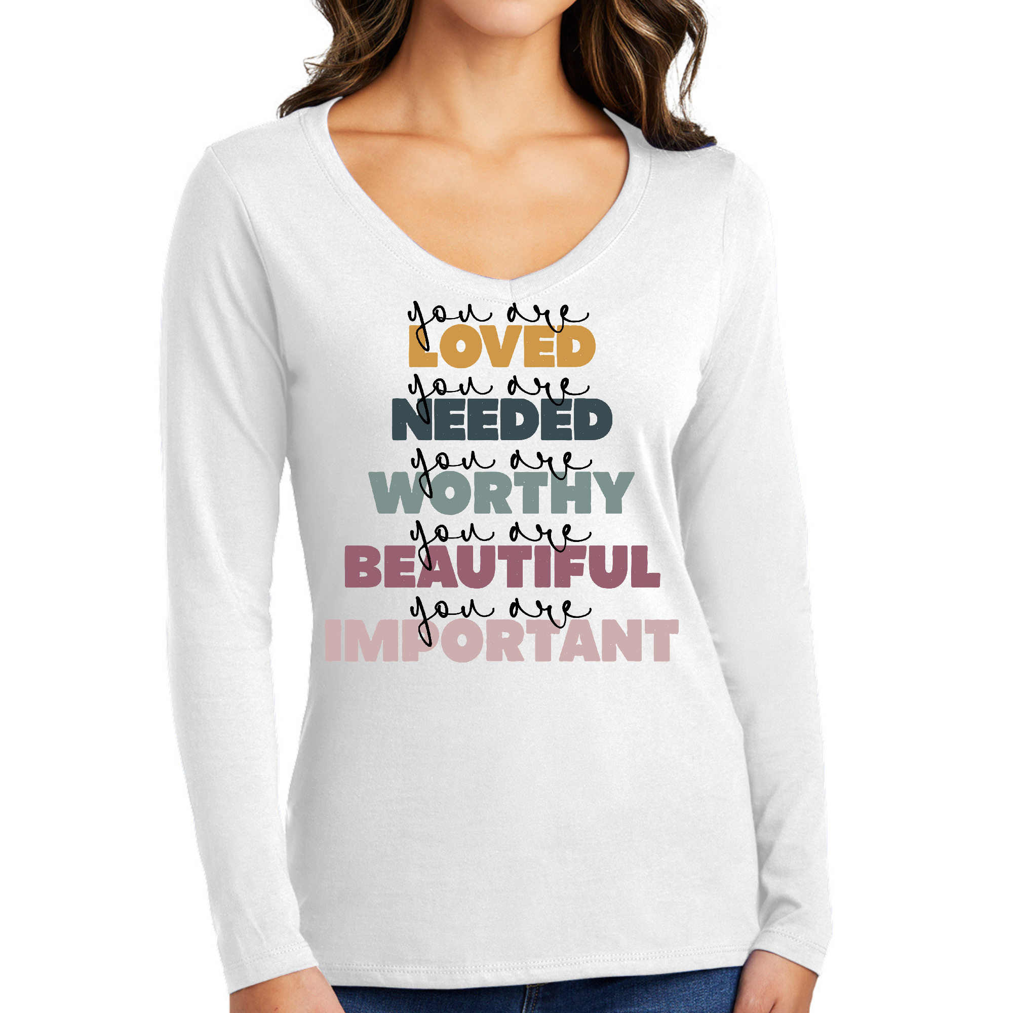 Women's Long Sleeve V-neck Graphic T-shirt featuring 'You Are Loved' affirmation in soft preshrunk cotton fabric.