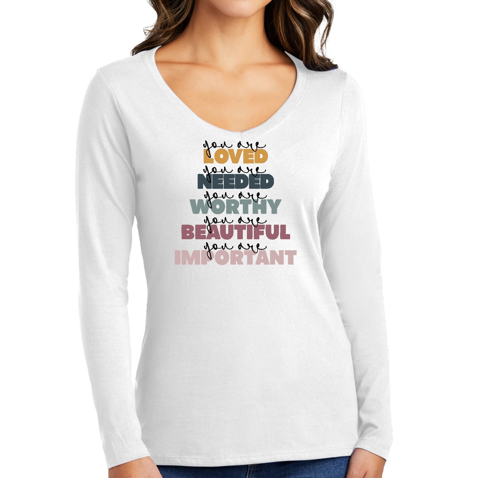 Women's Long Sleeve V-neck Graphic T-shirt featuring 'You Are Loved' affirmation in soft preshrunk cotton fabric.