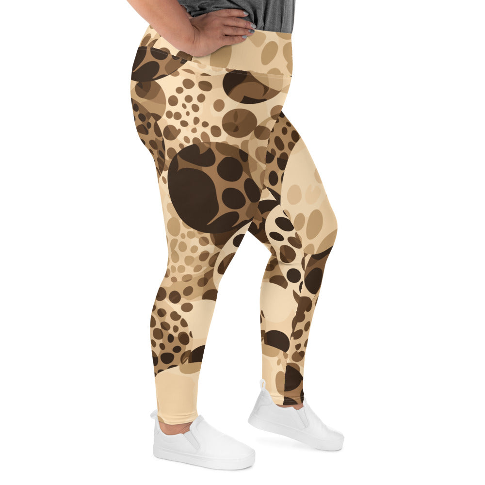 Womens Plus Size Fitness Leggings featuring a beige brown spotted print, designed for comfort and style.