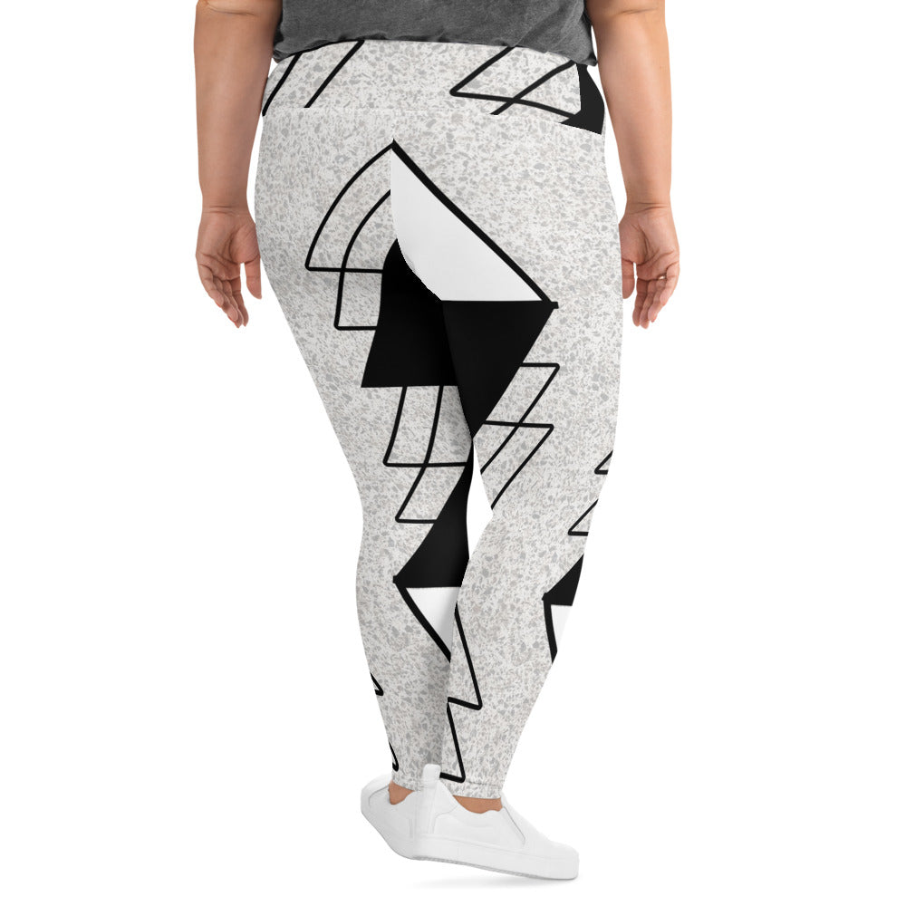 Womens Plus Size Fitness Leggings in Black and White Ash Grey with a triangular colorblock design, showcasing a comfortable high waistband.