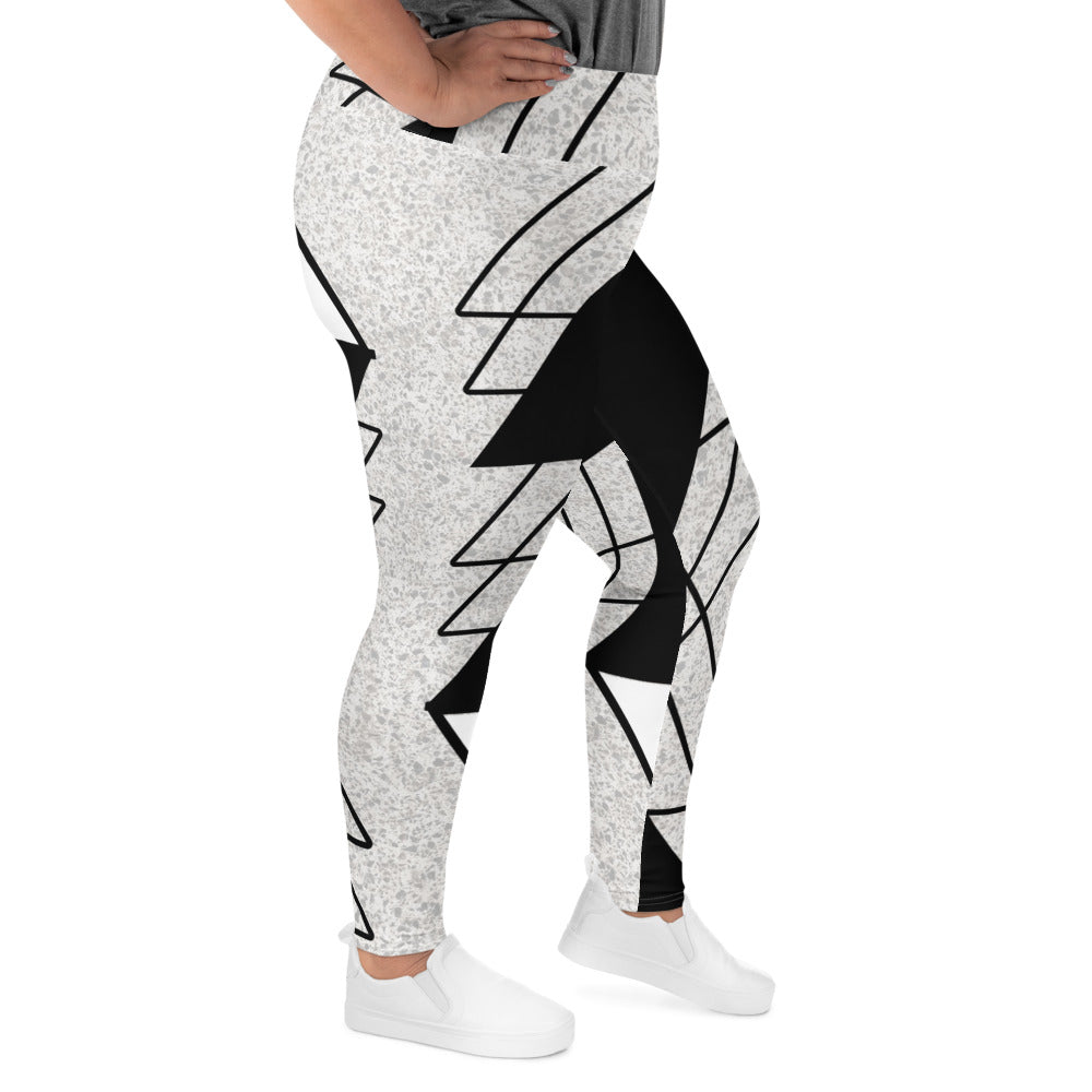 Womens Plus Size Fitness Leggings in Black and White Ash Grey with a triangular colorblock design, showcasing a comfortable high waistband.