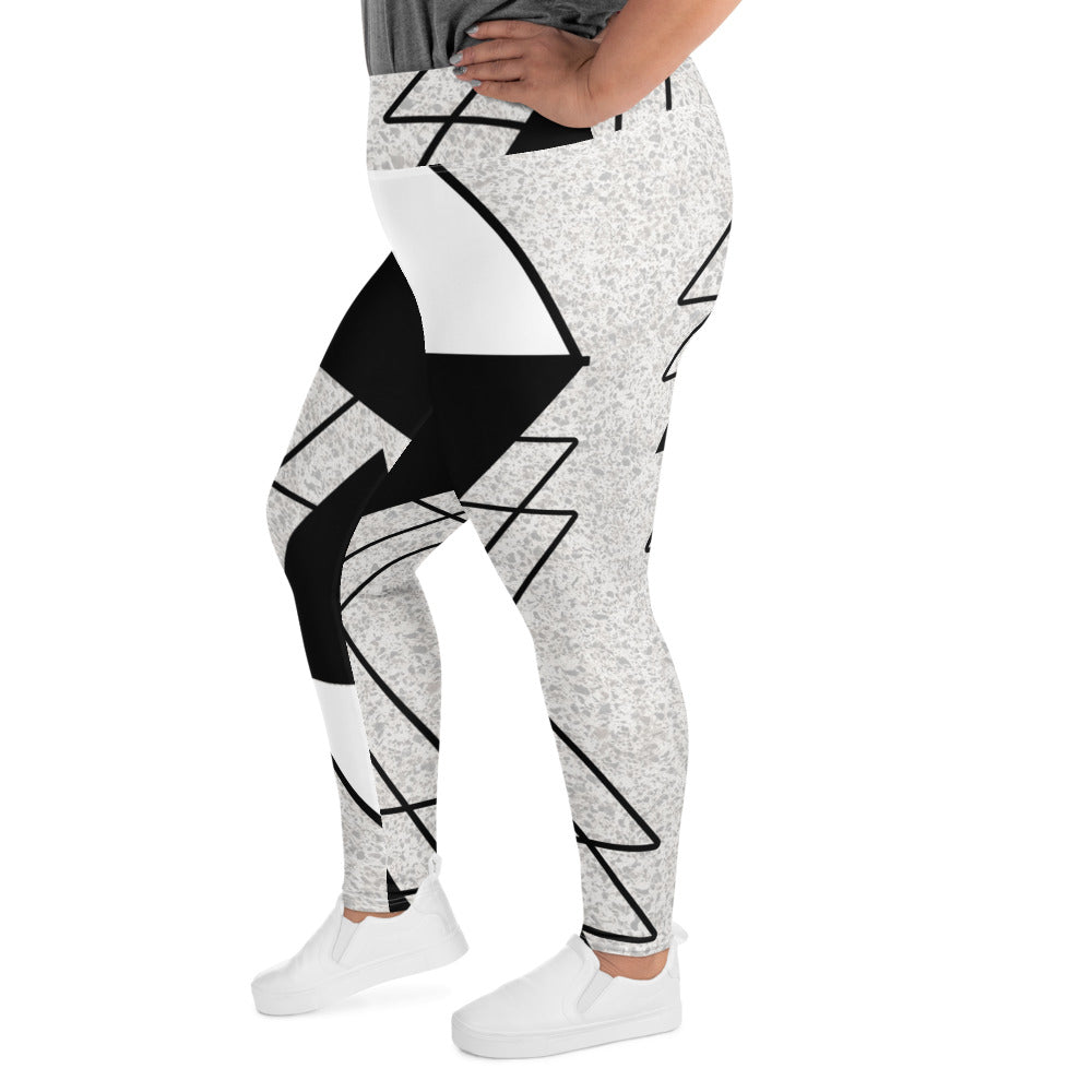 Womens Plus Size Fitness Leggings in Black and White Ash Grey with a triangular colorblock design, showcasing a comfortable high waistband.