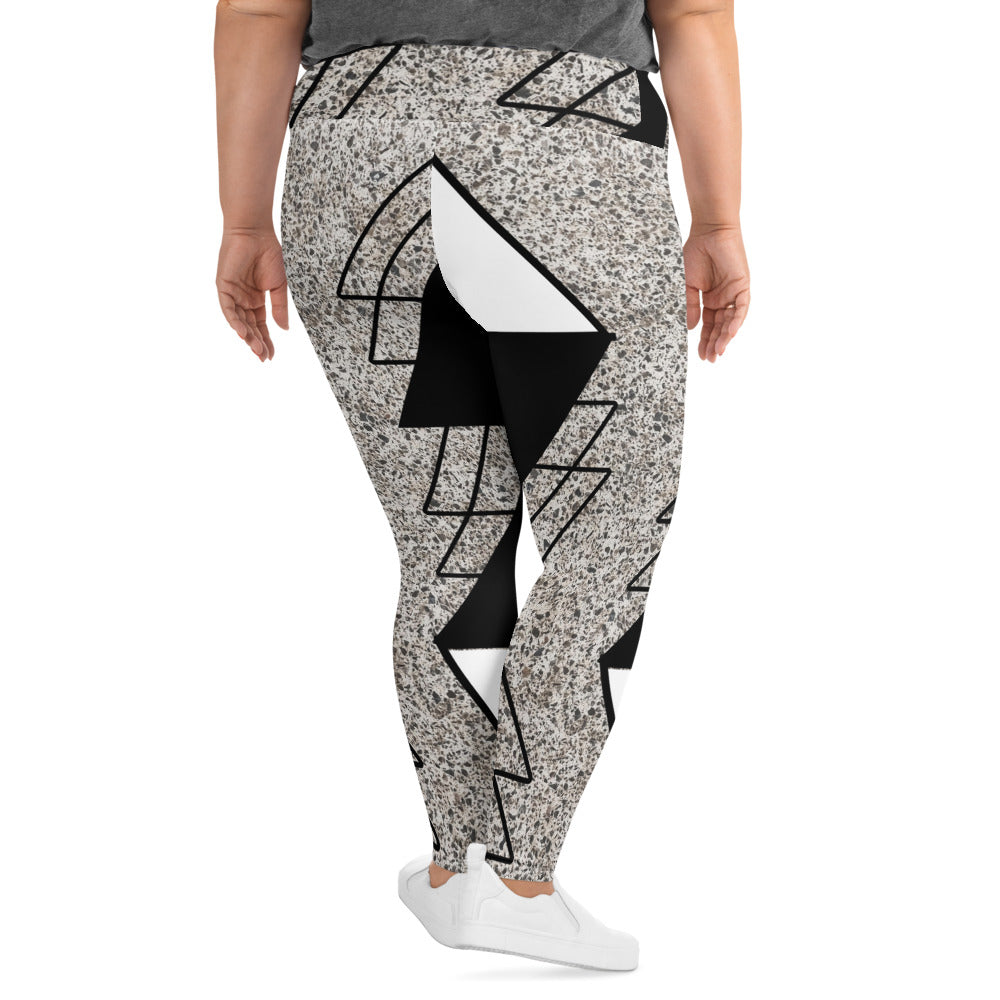 Womens Plus Size Fitness Leggings in Black and White Triangular colorblock design, showcasing soft fabric and high waistband.