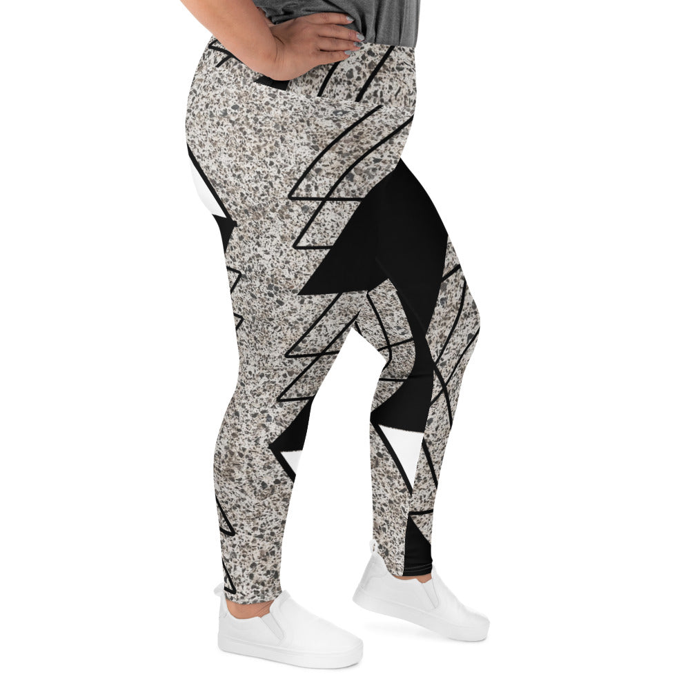 Womens Plus Size Fitness Leggings in Black and White Triangular colorblock design, showcasing soft fabric and high waistband.