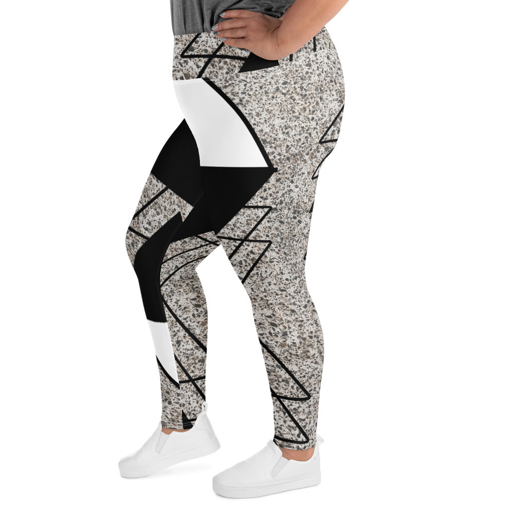 Womens Plus Size Fitness Leggings in Black and White Triangular colorblock design, showcasing soft fabric and high waistband.