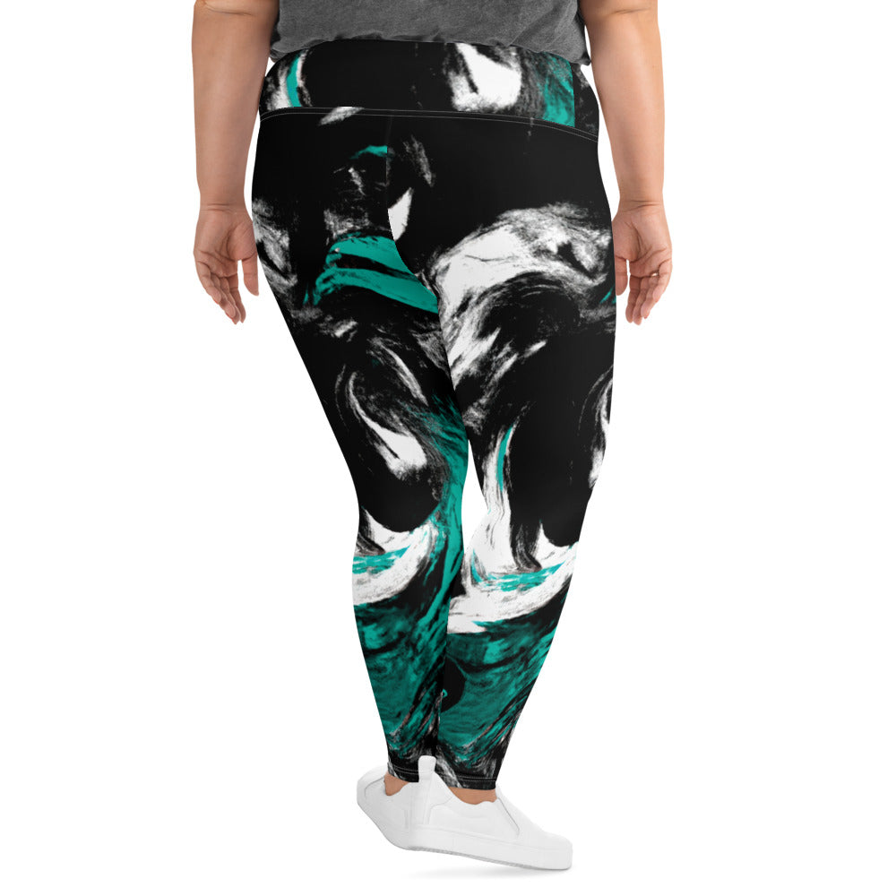 Womens Plus Size Fitness Leggings featuring a black, green, and white abstract pattern, showcasing a comfortable high waistband and soft fabric.