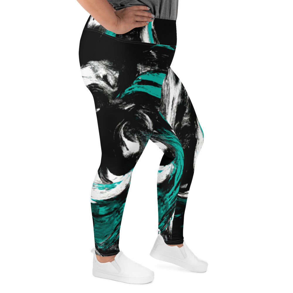 Womens Plus Size Fitness Leggings featuring a black, green, and white abstract pattern, showcasing a comfortable high waistband and soft fabric.