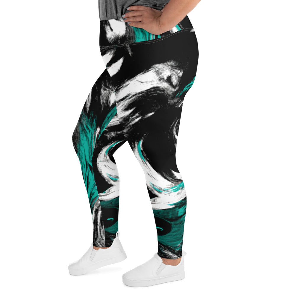 Womens Plus Size Fitness Leggings featuring a black, green, and white abstract pattern, showcasing a comfortable high waistband and soft fabric.