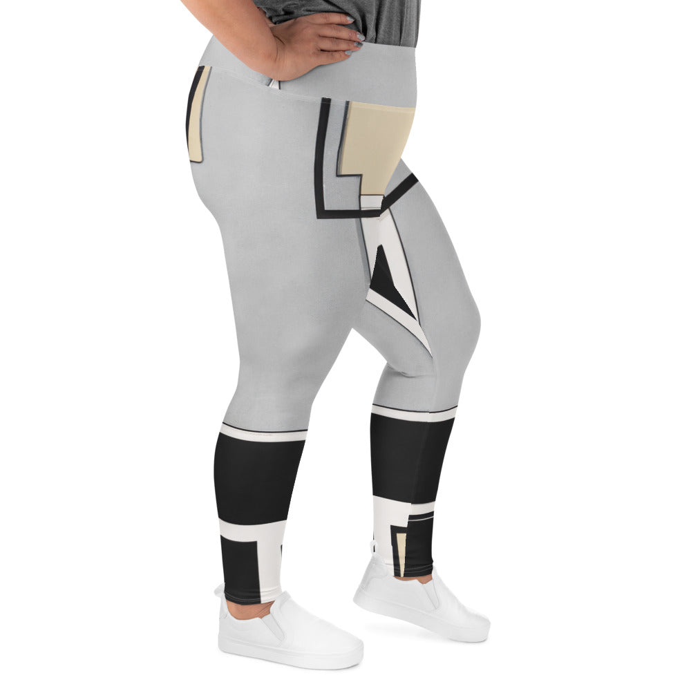 Womens Plus Size Fitness Leggings featuring a black grey abstract pattern, showcasing a comfortable fit and high waistband.