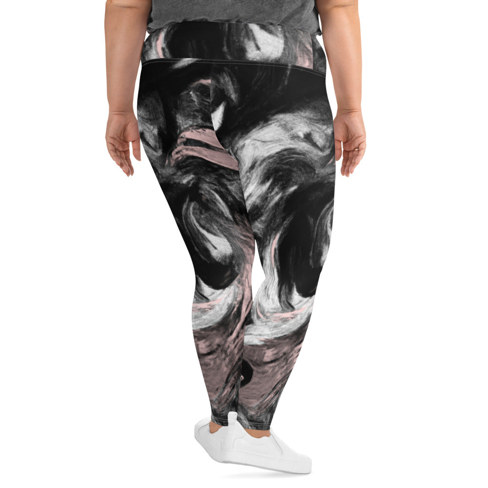 Womens Plus Size Fitness Leggings featuring a black, pink, and white abstract pattern, designed for comfort and style.