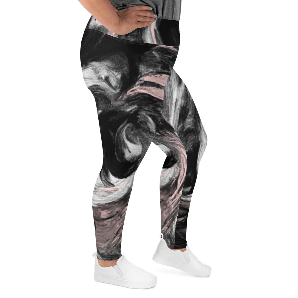 Womens Plus Size Fitness Leggings featuring a black, pink, and white abstract pattern, designed for comfort and style.