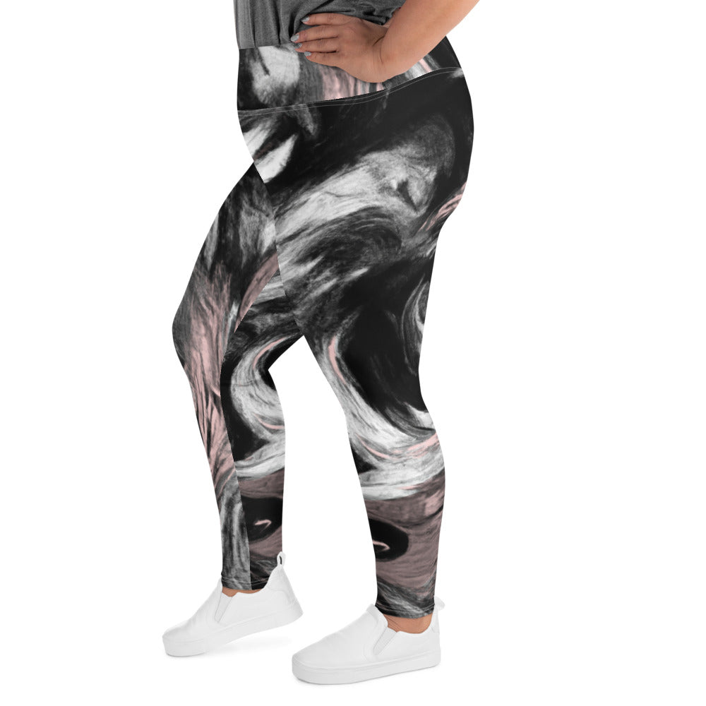 Womens Plus Size Fitness Leggings featuring a black, pink, and white abstract pattern, designed for comfort and style.