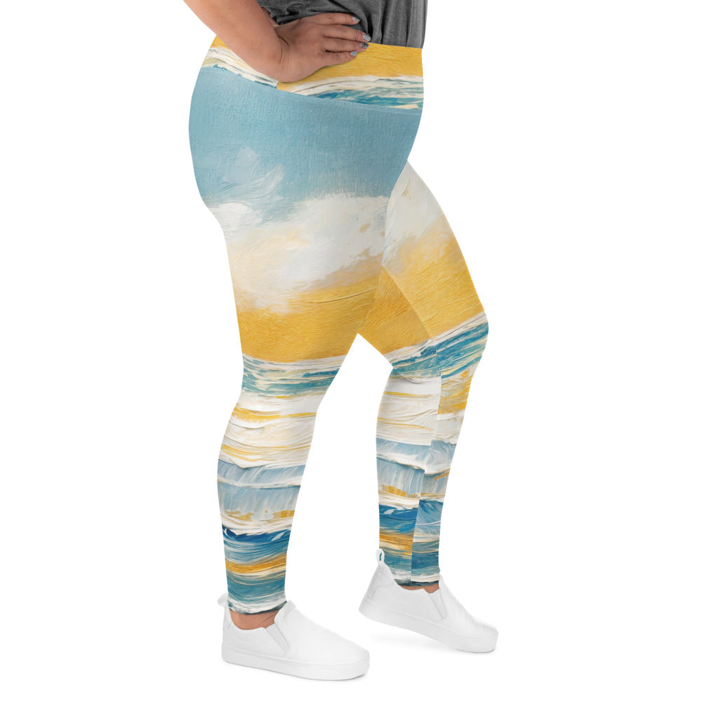 Womens Plus Size Fitness Leggings featuring a Blue Ocean Golden Sunset Print, showcasing a soft fabric and high waistband for comfort.