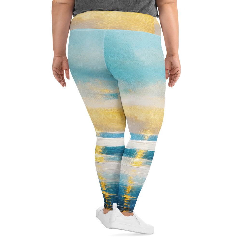 Womens Plus Size Fitness Leggings featuring a Blue Ocean Golden Sunset Print, showcasing vibrant colors and a comfortable fit.