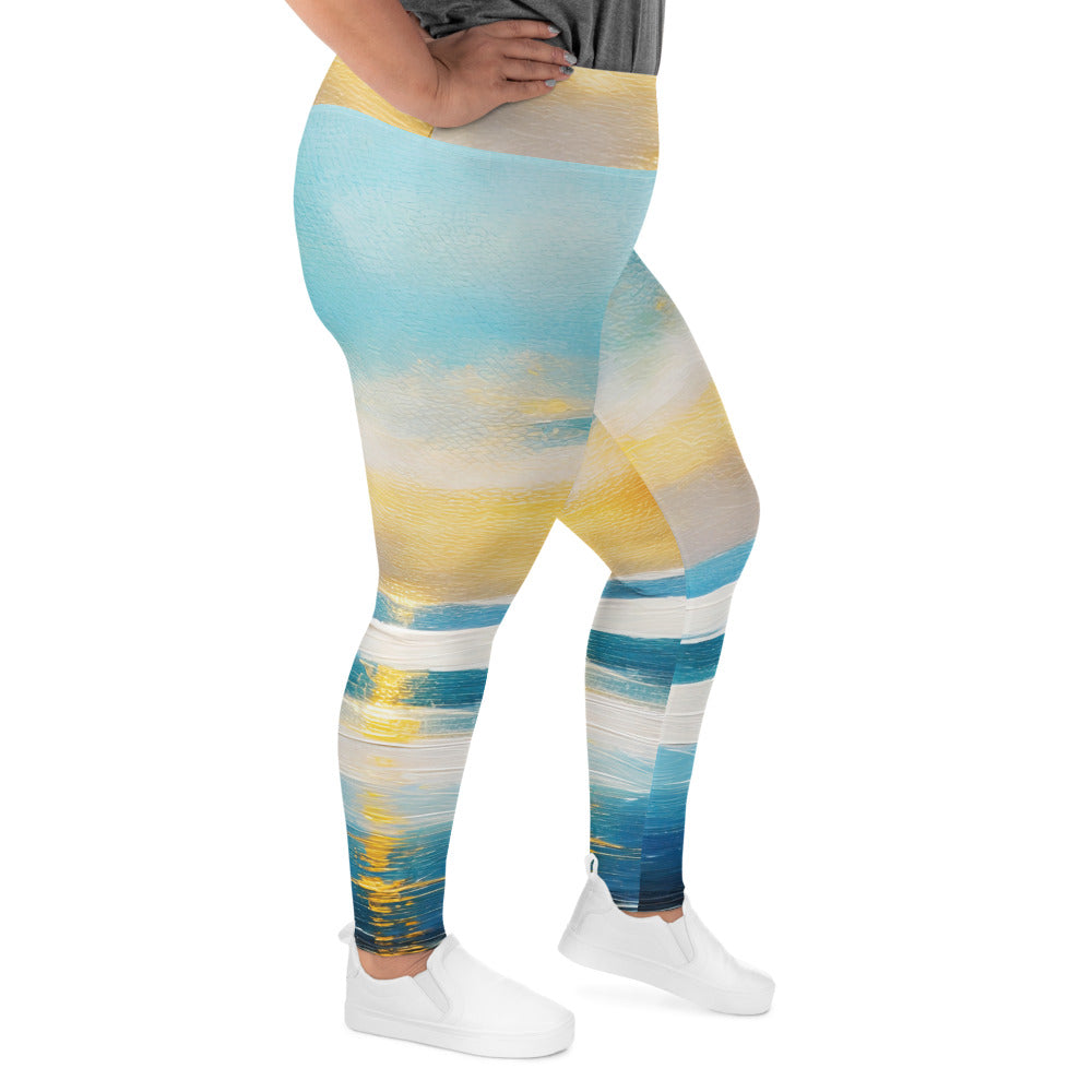 Womens Plus Size Fitness Leggings featuring a Blue Ocean Golden Sunset Print, showcasing vibrant colors and a comfortable fit.