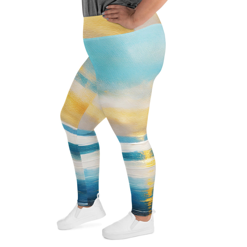 Womens Plus Size Fitness Leggings featuring a Blue Ocean Golden Sunset Print, showcasing vibrant colors and a comfortable fit.