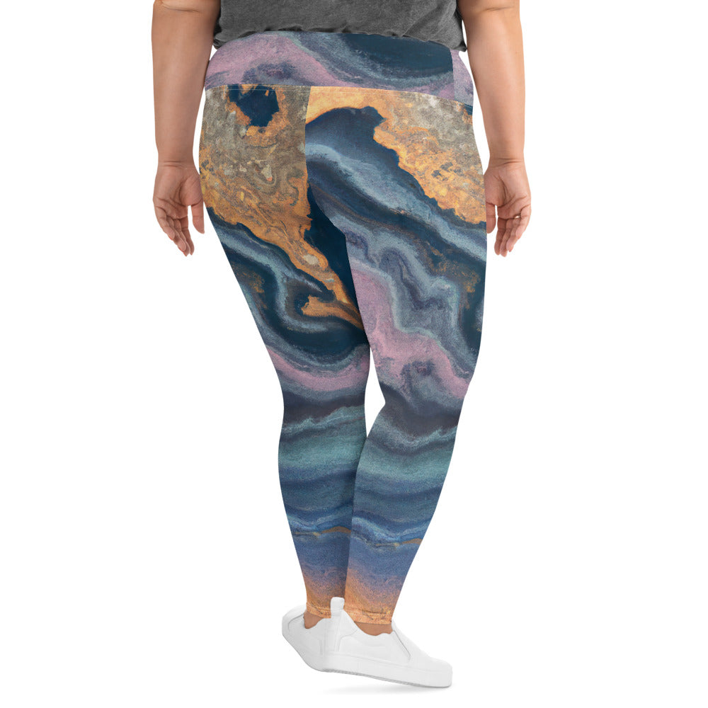 Womens Plus Size Fitness Leggings featuring a Blue Pink Marble Swirl Print, showcasing a soft fabric and high waistband for comfort.