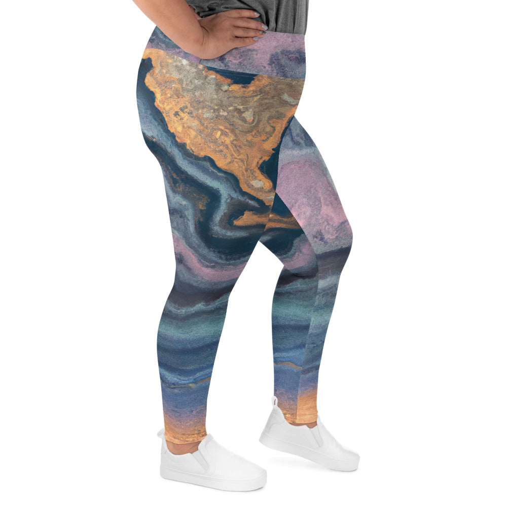 Womens Plus Size Fitness Leggings featuring a Blue Pink Marble Swirl Print, showcasing a soft fabric and high waistband for comfort.