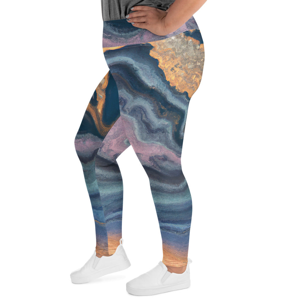 Womens Plus Size Fitness Leggings featuring a Blue Pink Marble Swirl Print, showcasing a soft fabric and high waistband for comfort.