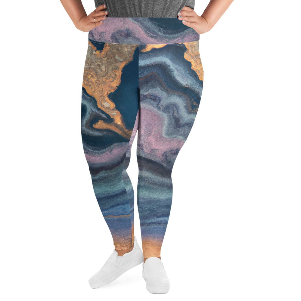 Womens Plus Size Fitness Leggings featuring a Blue Pink Marble Swirl Print, showcasing a soft fabric and high waistband for comfort.