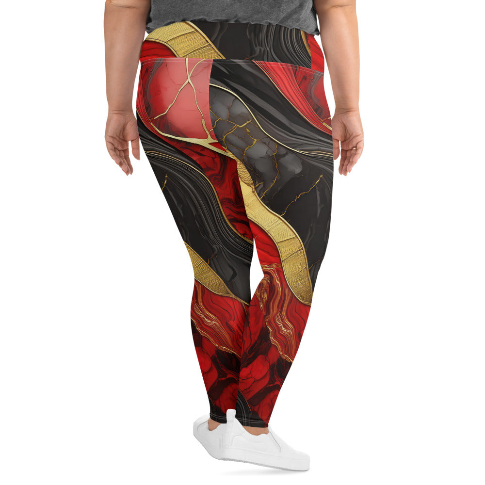 Womens Plus Size Fitness Leggings featuring a bold red and gold tones print, designed for comfort and style.