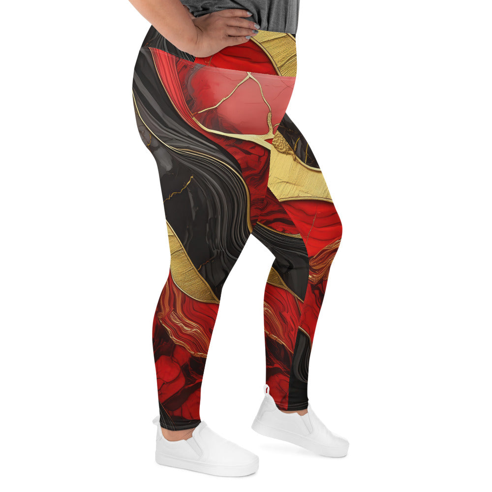 Womens Plus Size Fitness Leggings featuring a bold red and gold tones print, designed for comfort and style.