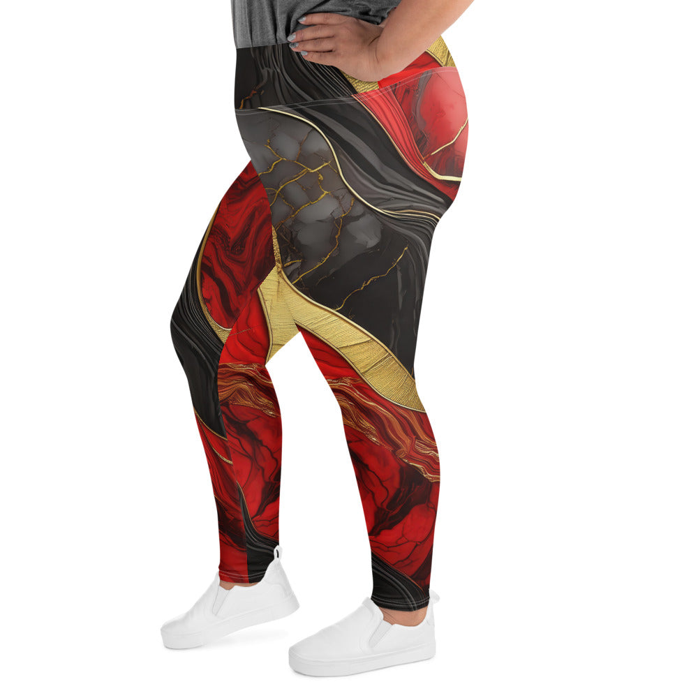 Womens Plus Size Fitness Leggings featuring a bold red and gold tones print, designed for comfort and style.