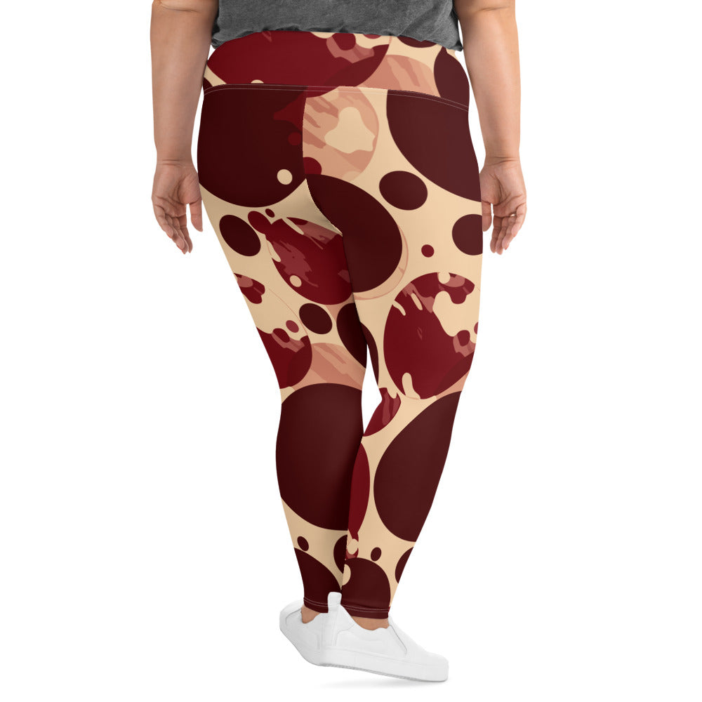 Womens Plus Size Fitness Leggings featuring a burgundy and beige circular print, showcasing a comfortable high waistband and soft fabric.