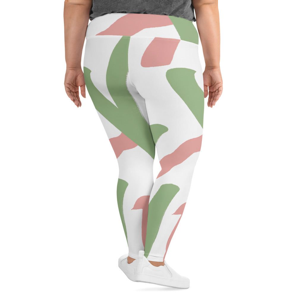 Womens Plus Size Fitness Leggings in Green Mauve Abstract Brush Stroke pattern, showcasing a soft fabric and high waistband.