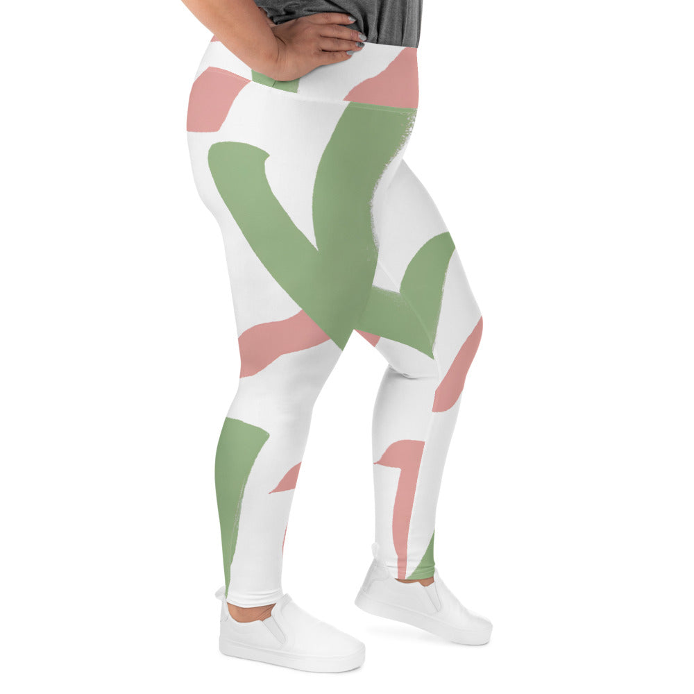 Womens Plus Size Fitness Leggings in Green Mauve Abstract Brush Stroke pattern, showcasing a soft fabric and high waistband.