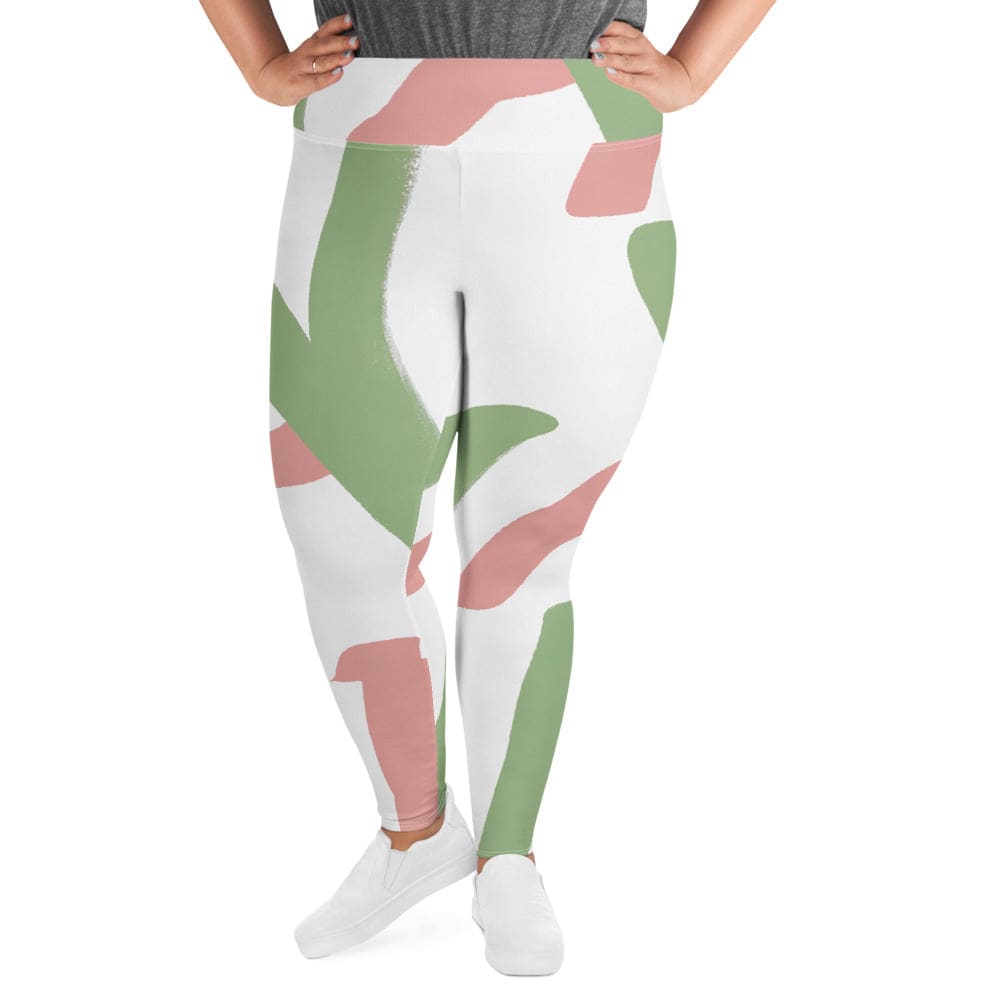 Womens Plus Size Fitness Leggings in Green Mauve Abstract Brush Stroke pattern, showcasing a soft fabric and high waistband.