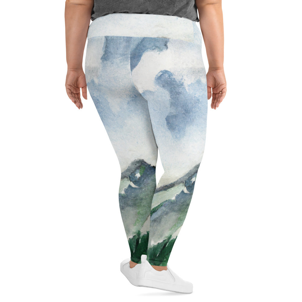 Womens Plus Size Fitness Leggings featuring a Green Mountainside Nature landscape print against a blue sky, showcasing comfort and style.