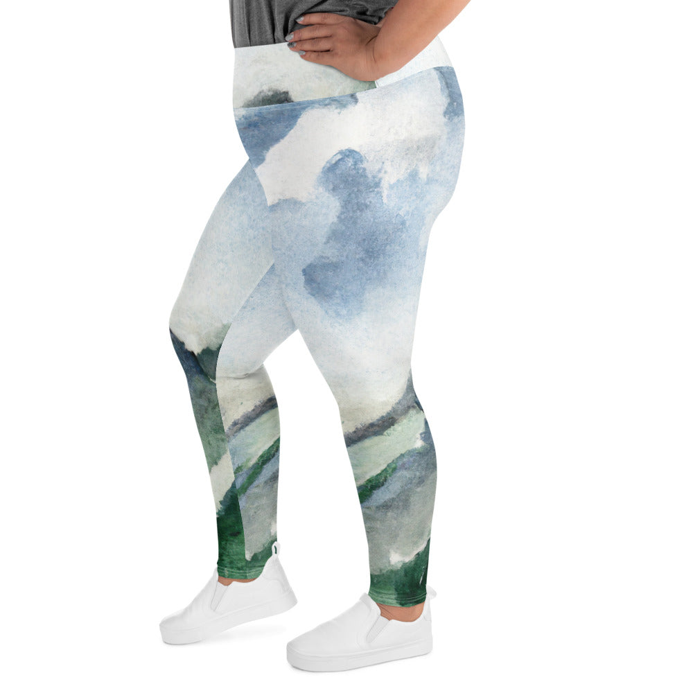 Womens Plus Size Fitness Leggings featuring a Green Mountainside Nature landscape print against a blue sky, showcasing comfort and style.